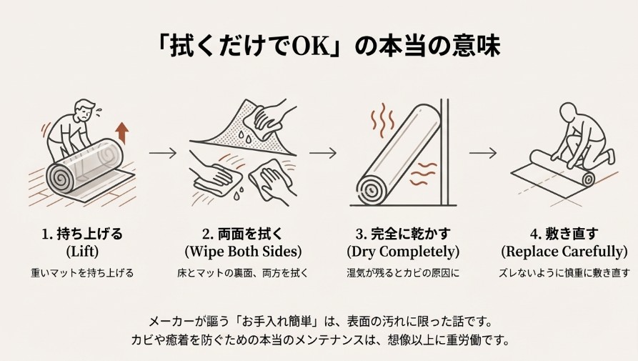 洗濯機不可の透明マットにおける、めくって拭いて乾燥させるという重労働なメンテナンス工程図