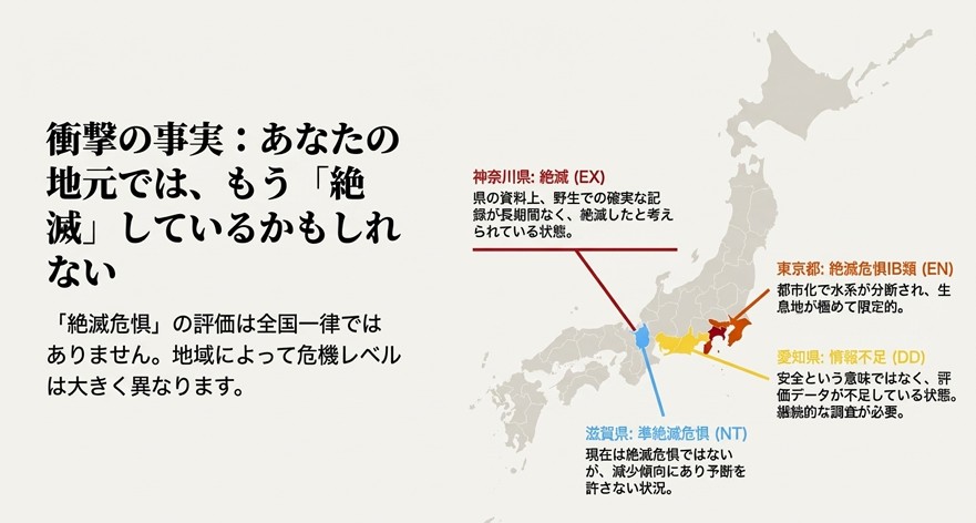 神奈川県で絶滅(EX)、東京都で絶滅危惧IB類(EN)など、地域ごとのミズカマキリ絶滅危惧ランクの違いを示した図。
