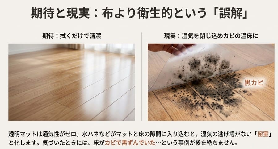 期待とは裏腹に、湿気がこもってフローリングに黒カビが発生してしまった透明マットの裏側