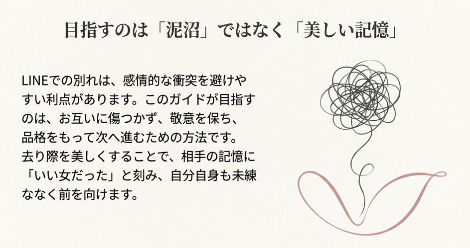 「目指すのは『泥沼』ではなく『美しい記憶』」というスライド。LINEでの別れの利点と、去り際を美しくする意義について説明されています。