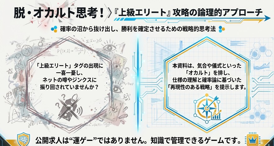 公開求人は運ゲーではなく知識で管理できるゲームであると説く、上級エリート攻略のタイトルスライド。