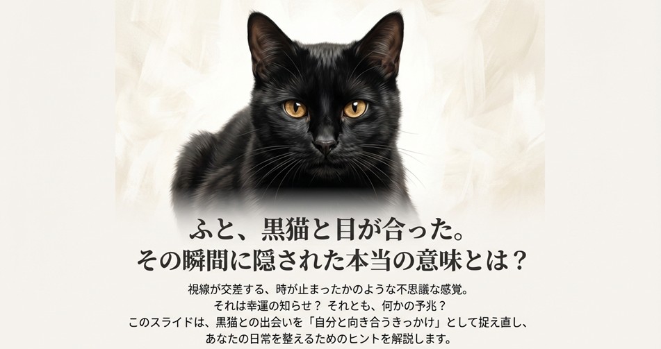 こちらをじっと見つめる黒猫のイラスト。「ふと黒猫と目が合った。その瞬間に隠された本当の意味とは？」というテキスト。