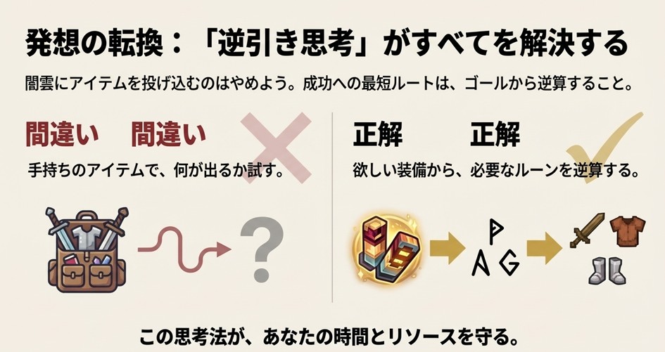 手持ちアイテムから試すのではなく、欲しい装備から必要なルーンを逆算する「逆引き思考」の重要性を解説した図。