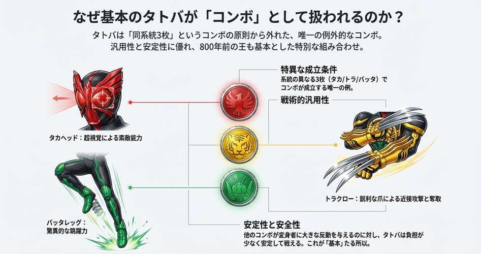 タトバコンボのキックポーズのイラストとタカ・トラ・バッタのメダル。タトバが系統の異なる3枚でありながらコンボとして成立する理由と、その汎用性についての解説。