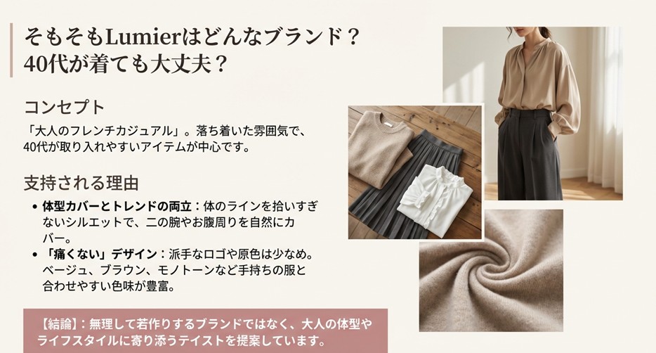 40代向けのフレンチカジュアルブランドとしてのリュミエのコンセプト、体型カバーとトレンドを両立する特徴についての解説