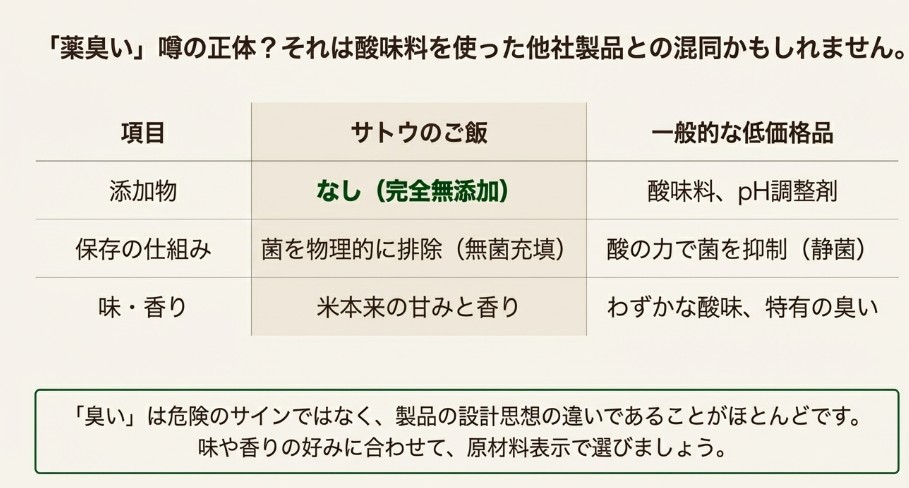 サトウのご飯(完全無添加・米の香り)と一般的な低価格品(酸味料入り・酸味あり)の違いをまとめた比較表スライド
