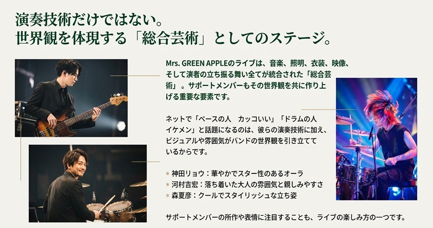 ミセスのライブにおける「総合芸術」としてのステージと、森夏彦、神田リョウ、河村吉宏らサポートメンバーの演奏シーン。
