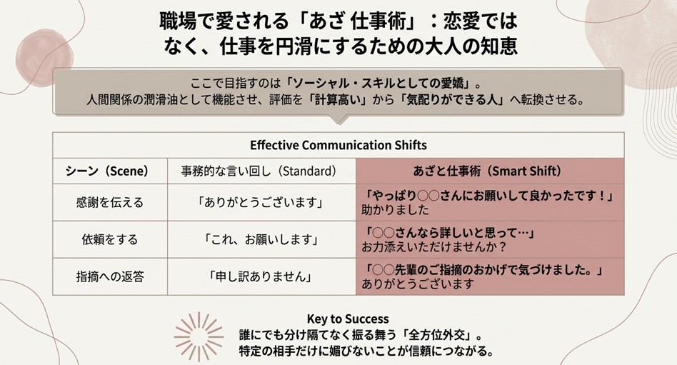 仕事を円滑にするソーシャルスキルとしての愛嬌を解説。「ありがとうございます」を「やっぱり〇〇さんにお願いして良かったです！」と言い換えるなど、事務的な言い回しをスマートな表現に変える比較表を掲載。全方位外交が信頼の鍵であることを示している。