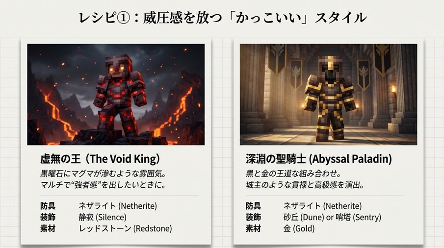 かっこいい防具装飾の組み合わせレシピ。黒曜石のような「虚無の王」と、黒と金の「深淵の聖騎士」のネザライト装備全身図。