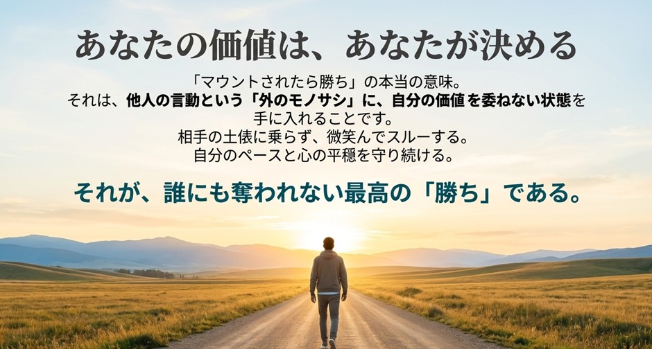 「マウントされたら勝ち」の本当の意味は、自分の価値を外のモノサシに委ねないことだと説く、記事のまとめスライド。