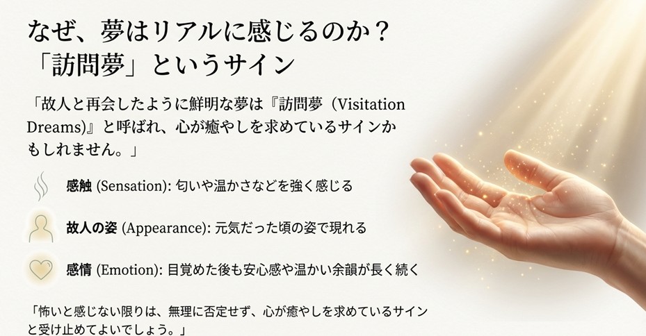 訪問夢の特徴である「感触」「故人の姿」「感情」の3要素についての解説