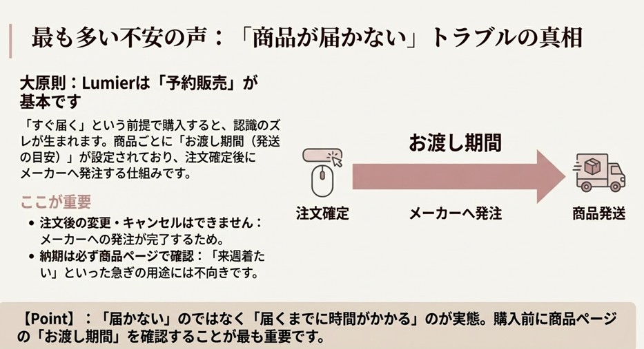 リュミエの注文から発送までの流れ（注文確定後にメーカーへ発注する予約販売の仕組み）を示した図