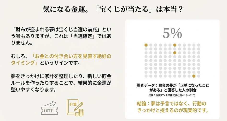 「宝くじが当たる」という噂の真偽と、お金との付き合い方を見直すタイミングであるという解説。お金の夢が正夢になった割合のデータ(5%)含む。
