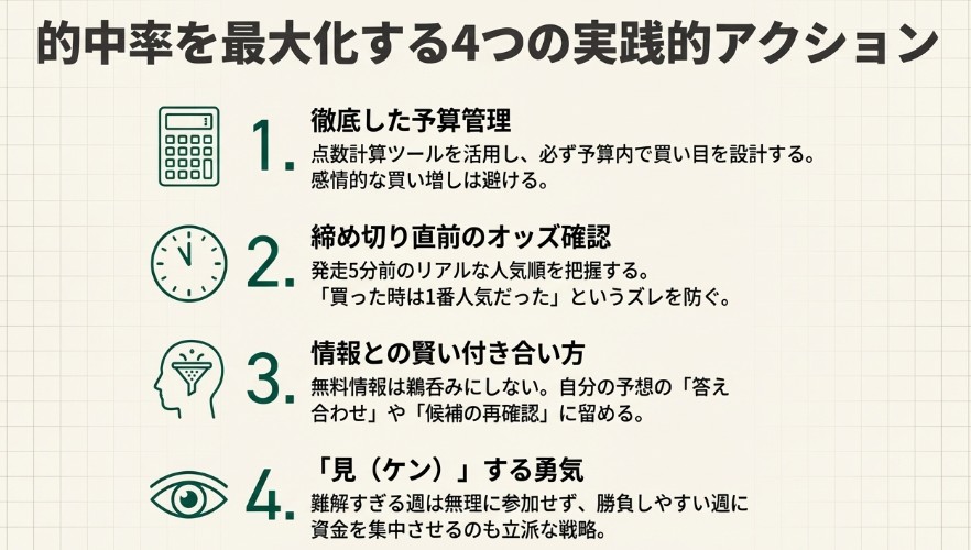 徹底した予算管理、締め切り直前のオッズ確認、情報との賢い付き合い方、「見(ケン)」する勇気の4つのポイントをアイコン付きでまとめたスライド。