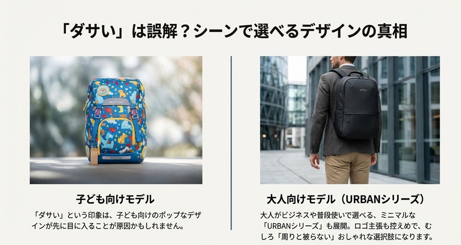 ポップな子供向けモデルと、シンプルでミニマルな大人向けURBANシリーズのデザイン比較。「ダサい」は誤解でありシーンで選べることを解説。