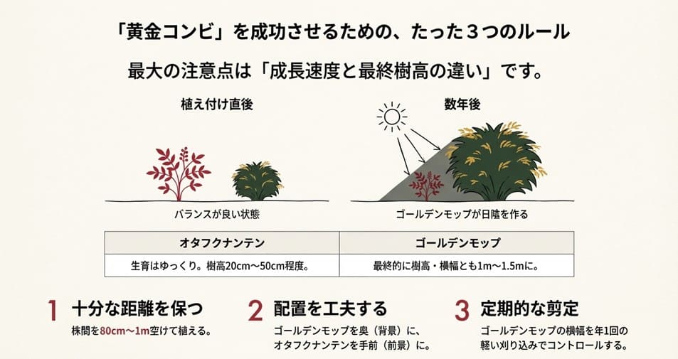 植え付け直後と数年後の成長差の図解。ゴールデンモップが巨大化してオタフクナンテンを覆ってしまう失敗例と、それを防ぐための株間・配置の3つのルール。