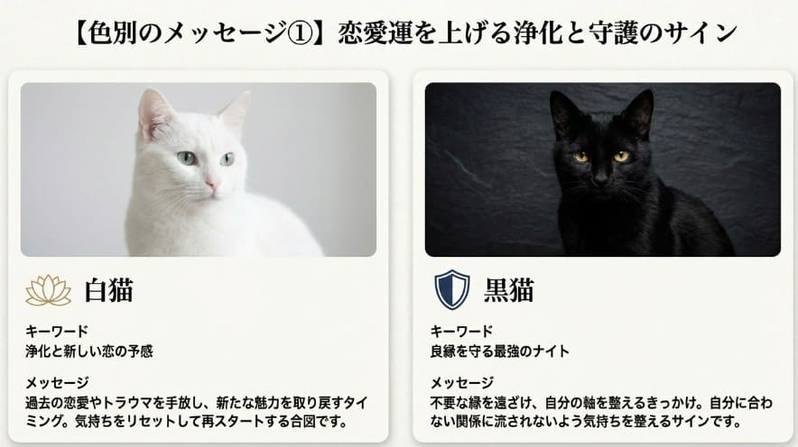暗闇に浮かぶ黒猫の顔写真。白猫は「浄化と新しい恋」、黒猫は「良縁を守るナイト」というキーワードと解説文が記載されたスライド。