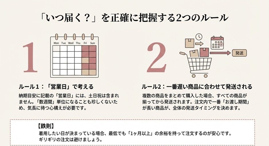 土日祝を含まない営業日換算の注意点と、複数商品購入時に一番遅い商品に合わせて発送されるルールの解説