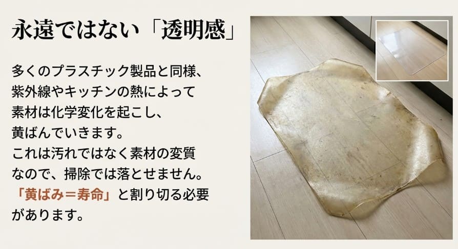 新品時の透明感と、紫外線や経年劣化で黄色く変色してしまったマットの比較写真