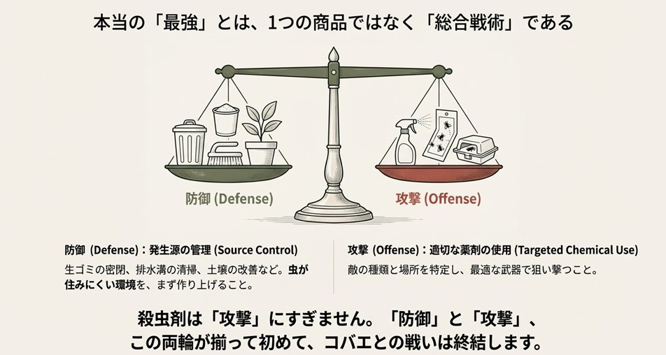 コバエ対策の成功には、発生源管理(防御)と薬剤使用(攻撃)の両立が必要であることを示す天秤の図