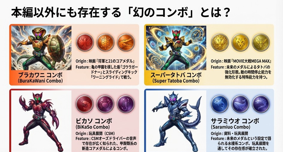 ブラカワニ、スーパータトバ、ビカソ、サラミウオの各コンボのイラストと、それぞれの初出（映画作品名や玩具CSMなど）をまとめた一覧図。