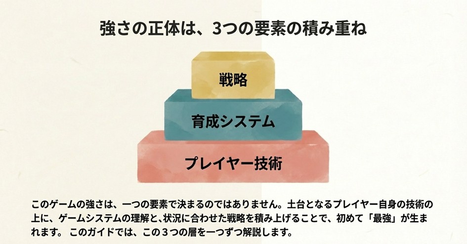桃太郎タイピングの強さは「プレイヤー技術」「育成システム」「戦略」の3つの積み重ねであるという図解