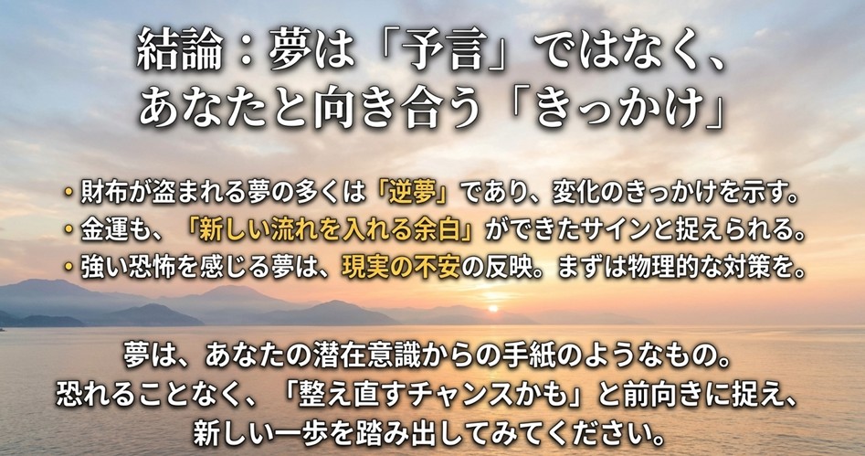 財布が盗まれる夢についてのまとめ。多くは変化のきっかけを示す逆夢であり、恐れずに新しい一歩を踏み出すチャンスであるというメッセージ。