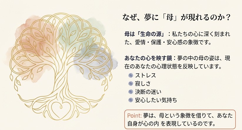 母は「愛情・保護・安心感」の象徴であり、夢の中の母の姿は、現在の「ストレス・寂しさ・決断の迷い・安心したい気持ち」を映し出す鏡であるという解説図。