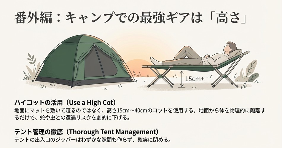 キャンプ時の蛇・虫対策イラスト。地面から15cm以上のハイコットを使用して物理的に距離を取る方法と、テントのジッパー管理の重要性を解説したスライド。
