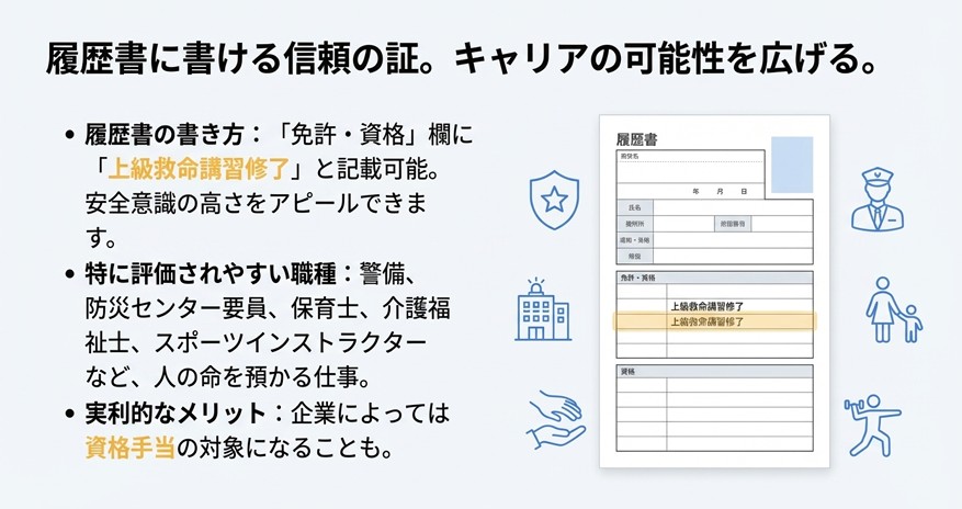 履歴書の免許・資格欄に「上級救命講習修了」と記載し、キャリアの可能性を広げるイメージイラスト