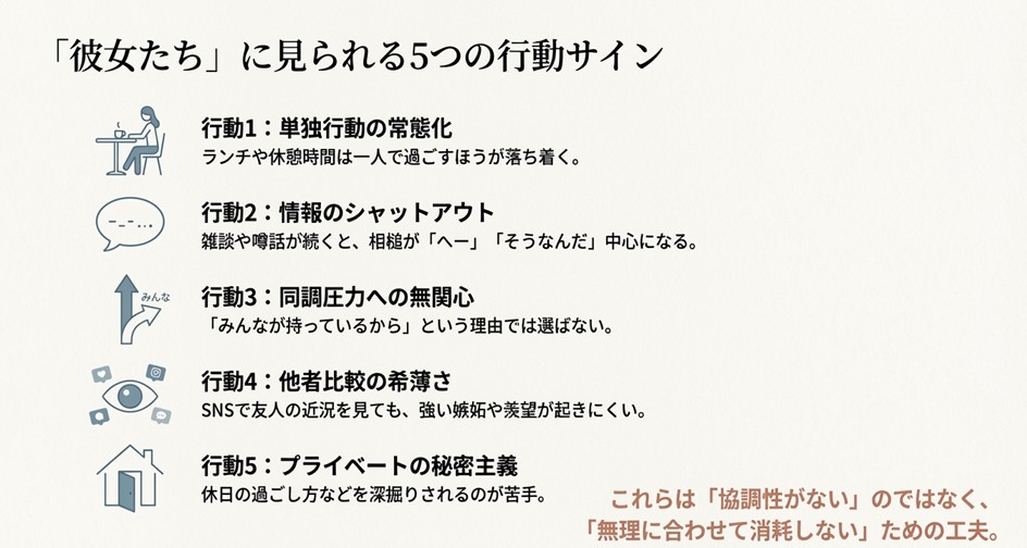 単独行動の常態化、情報のシャットアウト、同調圧力への無関心など、他人に興味がないと言われる女性によくある5つの行動特徴リスト。