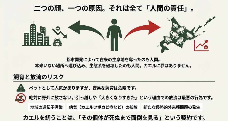 都市開発による減少も外来種問題も人間の責任であることを示し、ペットとしてのヒキガエルを絶対に野外へ放してはいけないと警告するスライド。