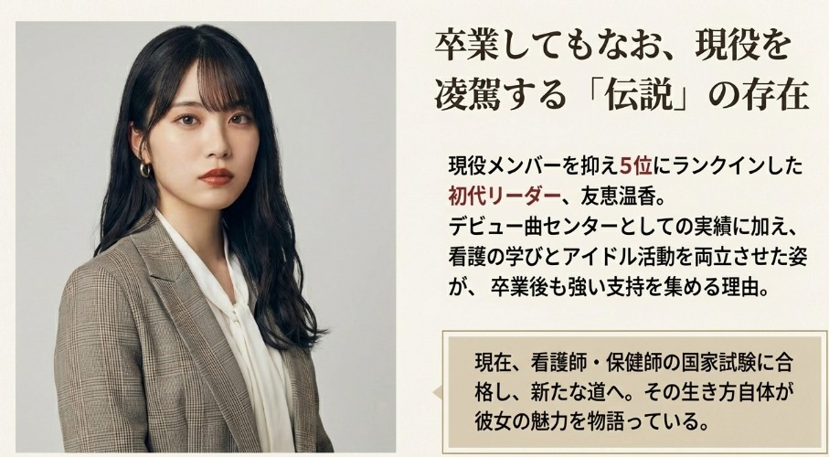 初代リーダー友恵温香の国家試験合格と、卒業後も現役メンバーを凌駕する人気を維持している背景を解説した資料