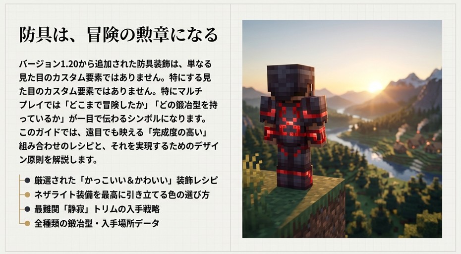夕日を見つめるマインクラフトのプレイヤーの後ろ姿。ネザライト装備に赤色の装飾が施され、背中で存在感を放っているイメージ。