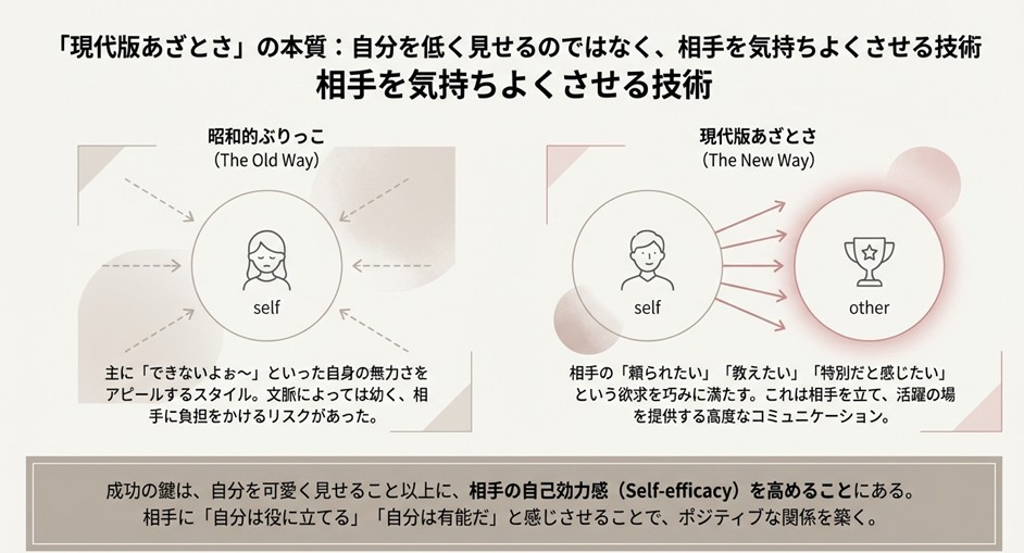 昭和的ぶりっこと現代版あざとさの対比図。昭和型は自分の無力さをアピールして相手に負担をかける「自分（self）中心」のスタイル。現代版は相手の「頼られたい」欲求を満たし、自己効力感を高める「相手（other）中心」の技術であることを図解している