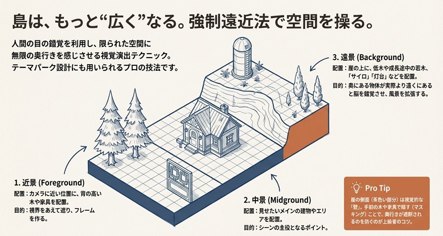 近景、中景、遠景の3層構造の配置例と、崖の側面を隠して奥行きを錯覚させるプロの技法を図解したスライド。