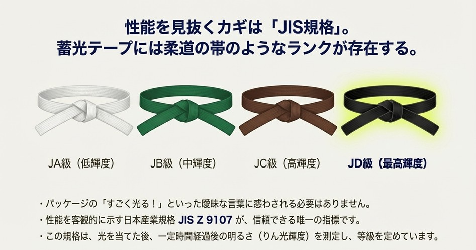 蓄光テープのJIS規格（JIS Z 9107）には柔道の帯のようなランク（JA級〜JD級）が存在することを示す図