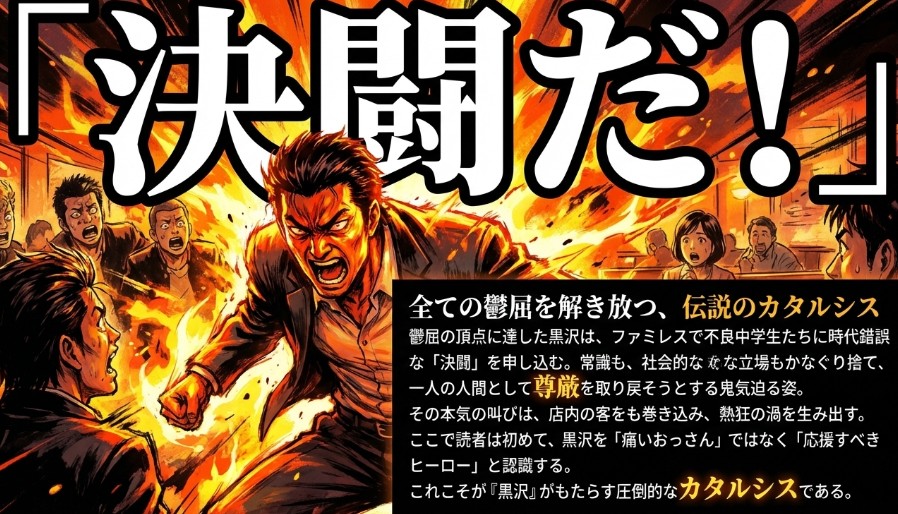「決闘だ!」という文字とともに、黒沢が鬱屈を解き放ち、読者に圧倒的なカタルシスを与える構造を解説したスライド 。
