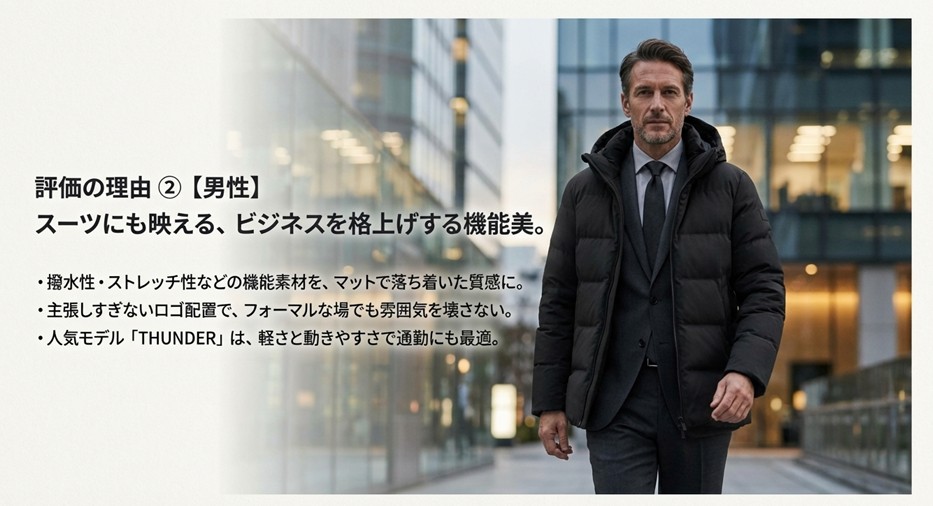 スーツにも合うDUNOメンズダウンの特徴。撥水・ストレッチ機能やマットな質感、人気モデルTHUNDERの実用性について。