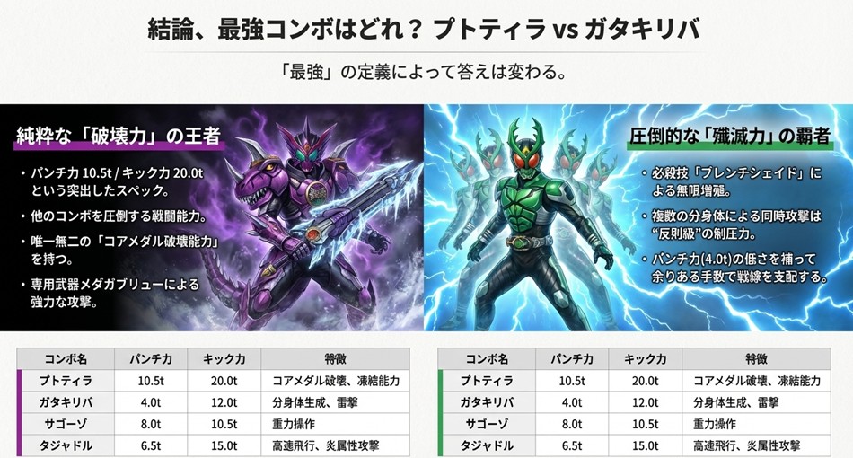 プトティラコンボ（破壊力の王者）とガタキリバコンボ（殲滅力の覇者）を対比させたスライド。それぞれのスペック数値と「コアメダル破壊」「分身生成」といった特殊能力が比較されている。