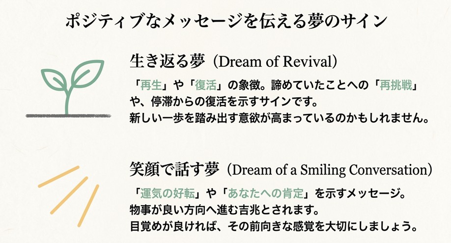 故人が生き返る「再生」のサインや、笑顔で話す「運気の好転」を示すメッセージの解説