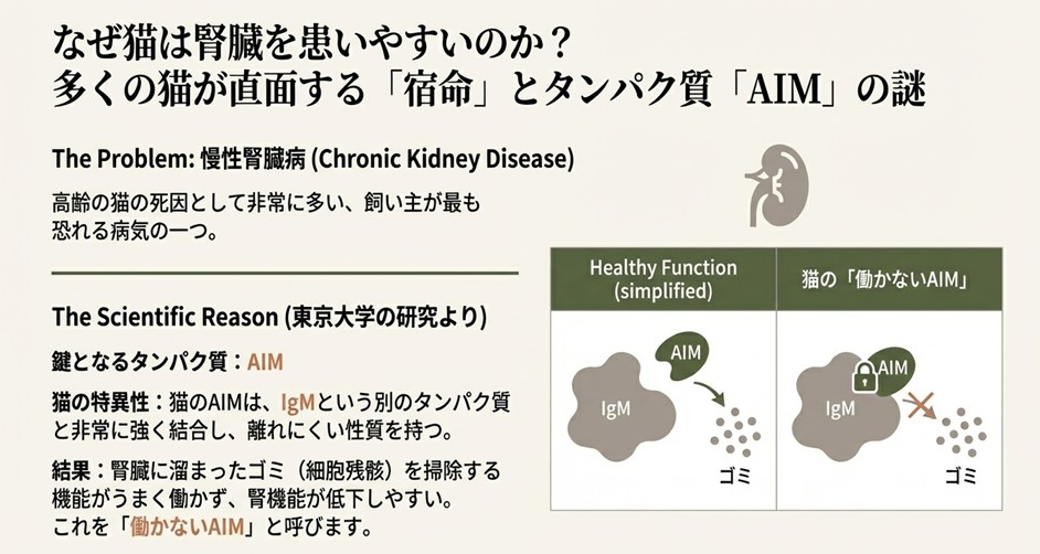 猫の体内でAIMとIgMが強く結合し、腎臓の汚れ（ゴミ）を掃除できないメカニズムを図解したイラスト。