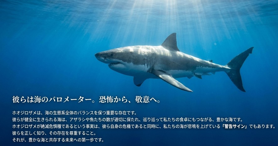 海の生態系バランスを保つ存在としてのサメ。恐怖の対象から敬意を払う対象への意識改革を促すメッセージ。