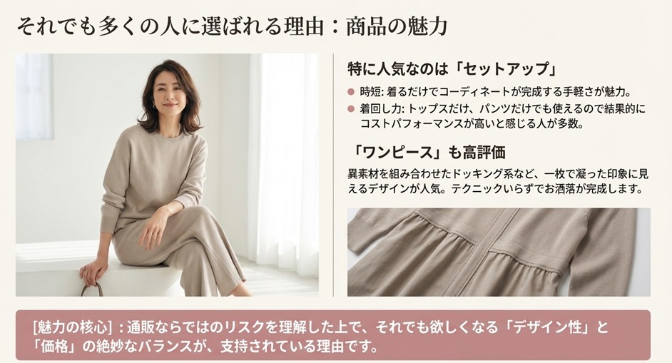 時短でおしゃれが決まるセットアップのメリットと、一枚で着映えするドッキングワンピースの魅力についての解説