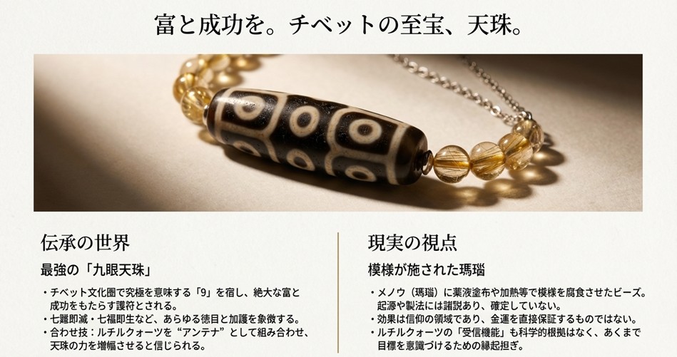 富と成功を象徴する「九眼天珠」の伝承と、ルチルクォーツとの組み合わせや現実的な視点についての解説