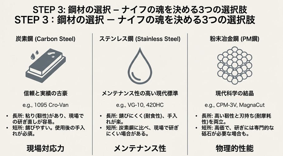 炭素鋼、ステンレス鋼、粉末冶金鋼（PM鋼）の3種類について、それぞれの長所（研ぎやすさ、耐食性、靭性）と短所を比較した一覧表。