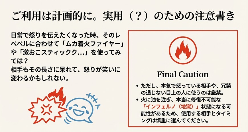 火のアイコンと爆発する吹き出しのイラスト。「本気で怒っている相手や目上の人に使うのは厳禁」「インフェルノ（地獄）状態になる可能性がある」という警告文。