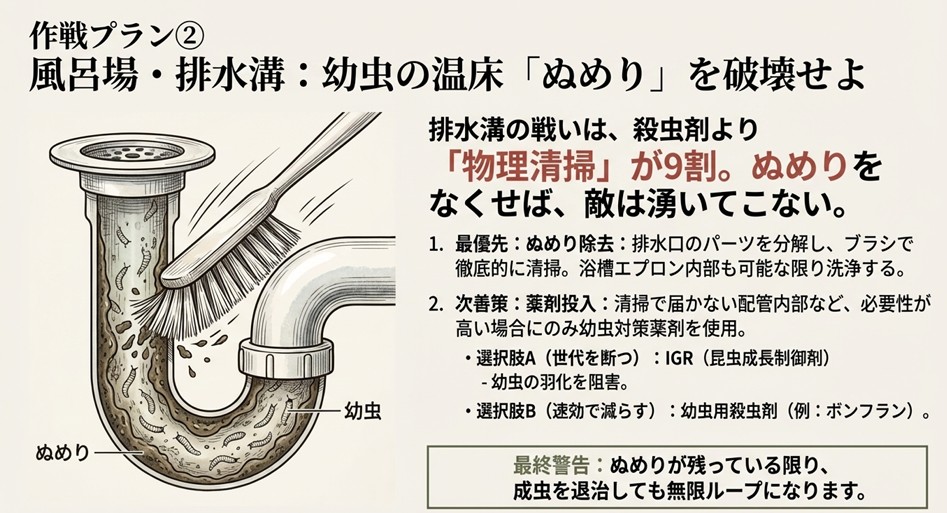 排水溝のぬめりに潜むチョウバエの幼虫対策と、物理清掃・薬剤(IGR剤)の使い分け