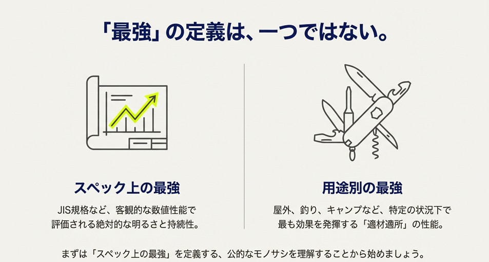 スペック上の最強（数値性能）と用途別の最強（適材適所）を示すグラフとアーミーナイフのアイコン