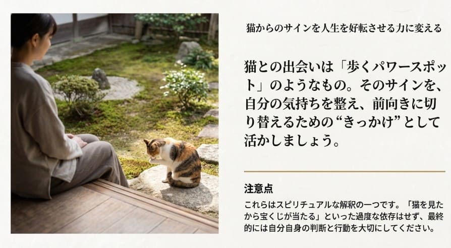 縁側で猫を見守る女性の写真。「猫は歩くパワースポット」として前向きに捉えることの重要性と注意点をまとめたスライド。